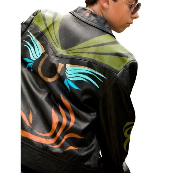 Hand Crafted Jackets & Blazers - Vintage black leather biker jacket, hand painted, lucky sz M